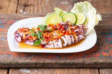 Steam Squid with Spicy Chili and Lemon Sauce - Pla Muk Nung Manow