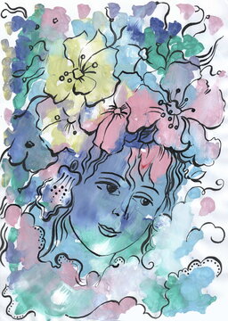 Girl with flowers on her head (Spring) - Abstract monotype hand painted drawing