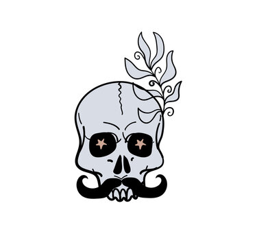 Skull with a mustache and a branch of a plant. Boho design for witch tattoo, sticker, doodle sketch, magic hand drawn vector illustration isolated on white background.