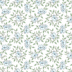 Seamless illustration with blue flowers and green foliage on a white background.