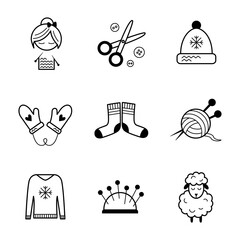 Set of simple stylish black line icons for needlework