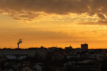 sunrise or sunset above the city skyline of Vilnius, Lithuania