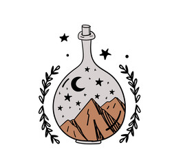 Hand drawn magic bottle for witchcraft, magical boho illustration, vase with mountains and moon inside. Bohemian sketch tattoo, icon, esoteric logo. Vector