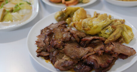 Roasted pork and chicken in chinese style family homemade dinner