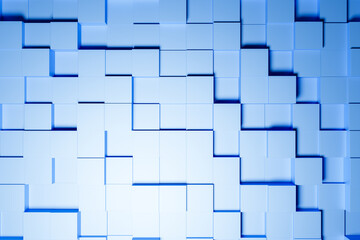 3d illustration of different rows of   blue  squares .Set of cubes on monocrome background, pattern. Geometry  background