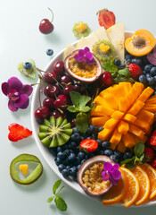 Exotic fruits and berries in plate on white background