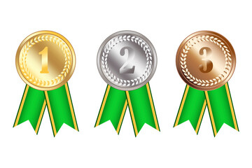 Medals with green ribbons. Gold, silver and bronze awards. Medals with embossed numbers. Stock image.