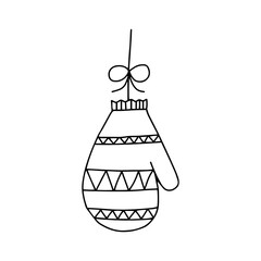 Illustration of a black knitted mitten isolated on a white background looks like a christmas ball for decoration