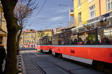Fototapeta premium 06.01.2021. Bulgaria. Sofia. Old street tram in Sofia street and common street.