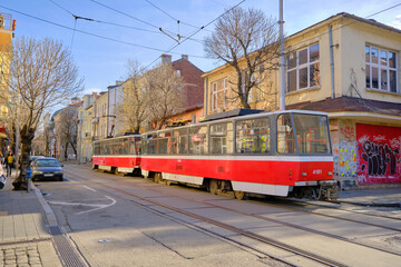 06.01.2021. Bulgaria. Sofia.  Old street tram in Sofia street and common street.