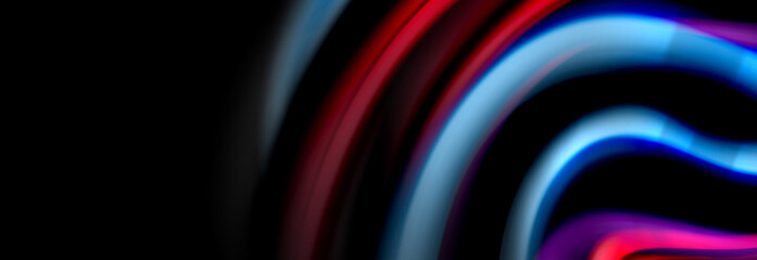 Dynamic motion abstract background. Color blurred stripes on black. Wave liquid lines poster. Vector illustration