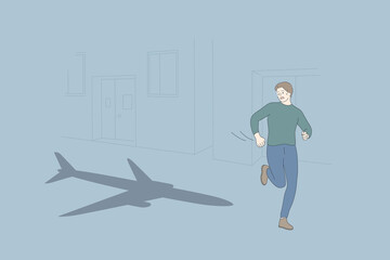 Aerophobia and psychological problem concept. Young scared man cartoon character running and seeing airplane craft shadow flying behind feeling afraid vector illustration