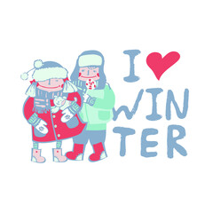 I love winter. Stylized children in cartoon style. Vector illustration.