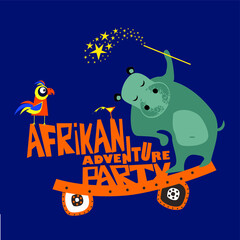 African adventure party. Stylized animals in a cartoon style. Vector illustration.