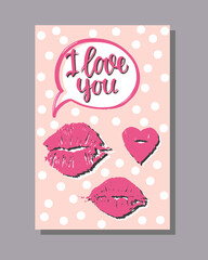 Postcard for Valentine's day, wedding, birthday with the inscription "I love you". Vector illustration.