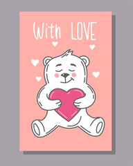 A card with a bear on Valentine's day, birthday, wedding with the inscription "With love". Vector illustration.