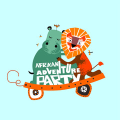 African adventure party. Stylized animals in a cartoon style. Vector illustration.