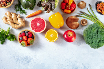 Fototapeta na wymiar Vegan food banner design with copy space, overhead flat lay shot of various superfoods