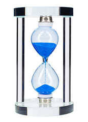 Blue hourglass isolated on white background close up