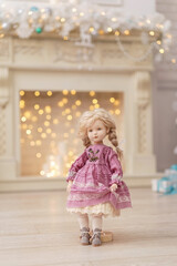 designer interior doll with a human face, made by hand from textiles, in retro style