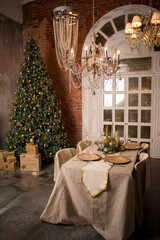 Christmas table setting with champagne