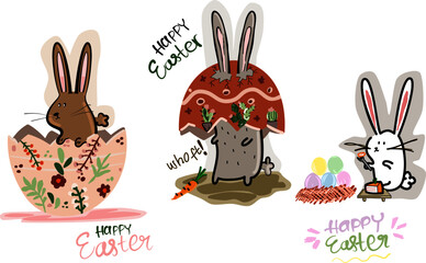 Doodle Cartoon of Happy Easter Cute Funny Rabbit with Decorative Colorfull Eggs and Carrot Cake, can be used as Icon, Logo or Avatar