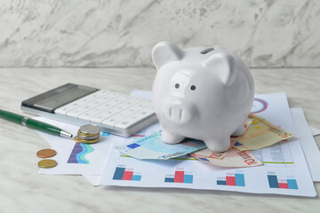 Piggy bank with money, calculator and documents on light background