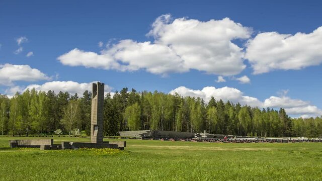 Memorial complex Village of Khatyn in Belarus, time lapse. Memorial to memory of the victims of World War II burned villages and genocide of Soviet Union people.
