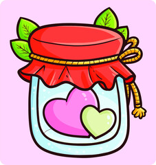 Funny and cute hearts in a closed glass jar in kawaii doodle style