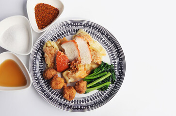 Wontan and red roasted pork, Asian food style.