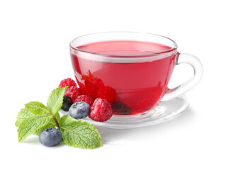 Cup of hot tea with berries on white background