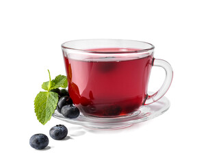 Cup of hot tea with blueberry and mint on white background