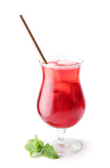 Glass of tasty ice tea on white background