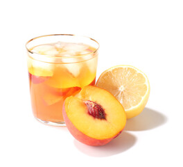 Glass of tasty ice tea on white background