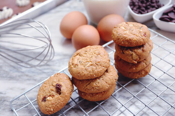 Homemade oatmeal cookies with chocolate.