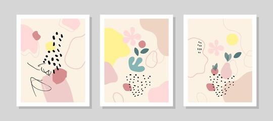 Contemporary art print. Vector hand drawn artwork. Trendy 50s, 60s retro, vintage. Matisse style. Hugge home, house decor. Set collection. Beige, black, pink, green, yellow soft colors. Minimalism