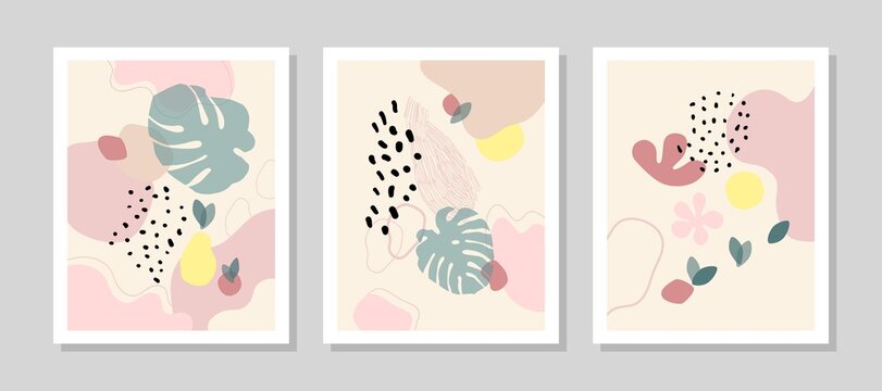 Contemporary art print. Vector hand drawn artwork. Trendy 50s, 60s retro, vintage. Matisse style. Hugge home, house decor. Set collection. Beige, black, pink, green, yellow soft colors. Minimalism