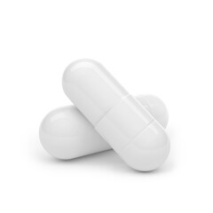 Two pills isolated on white background. 3D illustration. Suitable for a mockup of a medical theme design project.