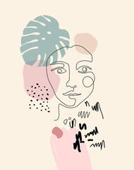 Beautiful girl. Continuous line drawing. Vector hand drawn artwork. Creative freehand style. Hugge home, house decor. Trendy 50s, 60s retro, vintage. Print, poster. Beige, black, pink, green color
