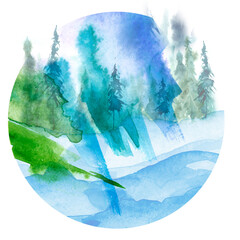 Watercolor art illustration,logo. Drawing of the blue,green forest, pine tree, spruce, cedar. Dark,  forest, suburban landscape. Postcard, logo, card, banner. Misty forest, haze. wood on a snowy slope