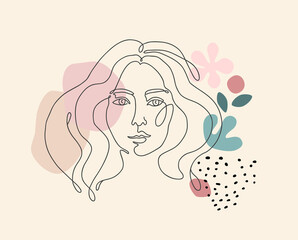 Beautiful girl. Continuous line drawing. Vector hand drawn artwork. Creative freehand style. Hugge home, house decor. Trendy 50s, 60s retro, vintage. Print, poster. Beige, black, pink, green color