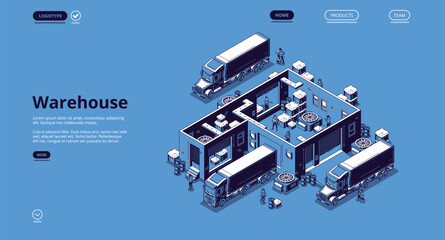 Warehouse logistics isometric landing page, workers loading freight in delivery trucks in depot. Goods import and export shipping, ground transportation logistic business 3d vector line art web banner
