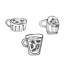 Dishes, cups, dishes with a pattern. For preparing drinks and food. Coloring book for children and adults. Isolated on white. For design, textile, poster, design paper. Stock graphics. Hand graphics