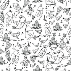Pattern with birds, small beautiful birds of different shapes. Flying bird. Coloring book for children and adults. For wallpaper, design, textiles. Stock hand graphics. Isolate.