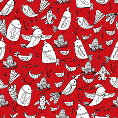 Pattern with birds, small beautiful birds of different shapes. Flying bird. Coloring book for children and adults. For wallpaper, design, textiles. Stock hand graphics. Isolate.