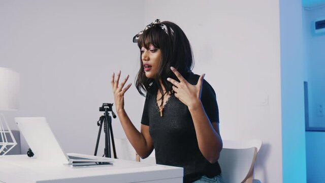Modern education remote education. Cheerful young african american woman holding online class 
