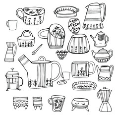 Dishes, cups, Turkish, coffee, dishes. China. For preparing drinks and food. Coloring book for children and adults. Isolated on white. For design, textile, poster, design paper. Stock graphics.