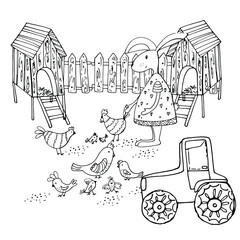 Easter coloring book. Rabbits, chickens, poultry house. Wooden fence. Tractor. Rural landscape. Coloring book for children and adults. For design, textiles, study assignments. Stock hand graphics. 