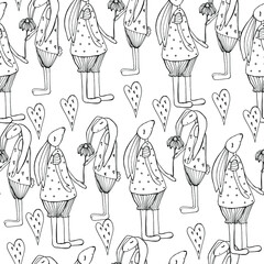 Easter bunny pattern, tilde. A couple of hares in love. Valentine's Day. Coloring book for children and adults. For design, textiles, sweatshirts, wallpapers. Stock hand graphics. Isolate