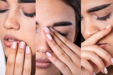 Collage of Young woman touches her nose, eyes and Mouth - Concept showing avoid touch face to...
